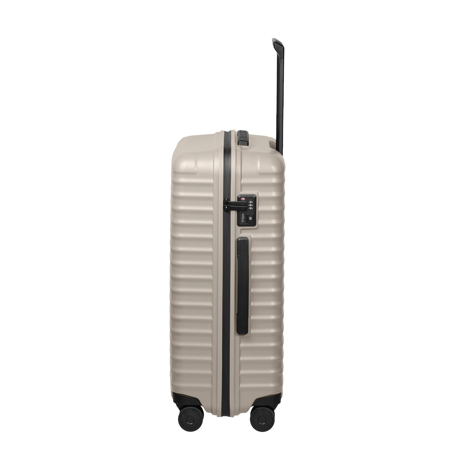 Lieblingstasche UPGRADE 4w Trolley M+ in beige with a side view showing the TSA lock and retractable handle
