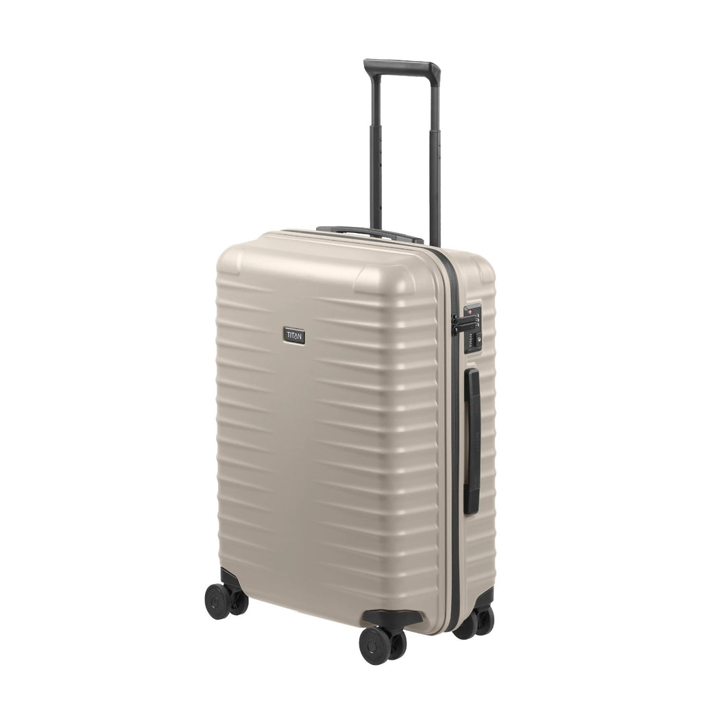 Lieblingstasche UPGRADE 4w Trolley M in beige with a hard shell, telescopic handle, and four spinner wheels.