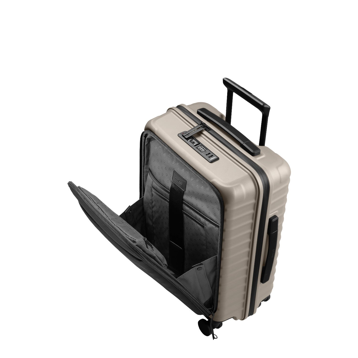 Lieblingstasche UPGRADE 4w Trolley S VT in beige with a front-opening laptop compartment and integrated TSA lock.