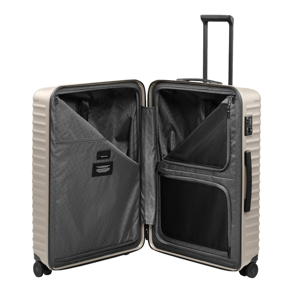 Lieblingstasche UPGRADE 4w Trolley L in beige, open view showing grey interior lining, mesh pockets, and dividers.