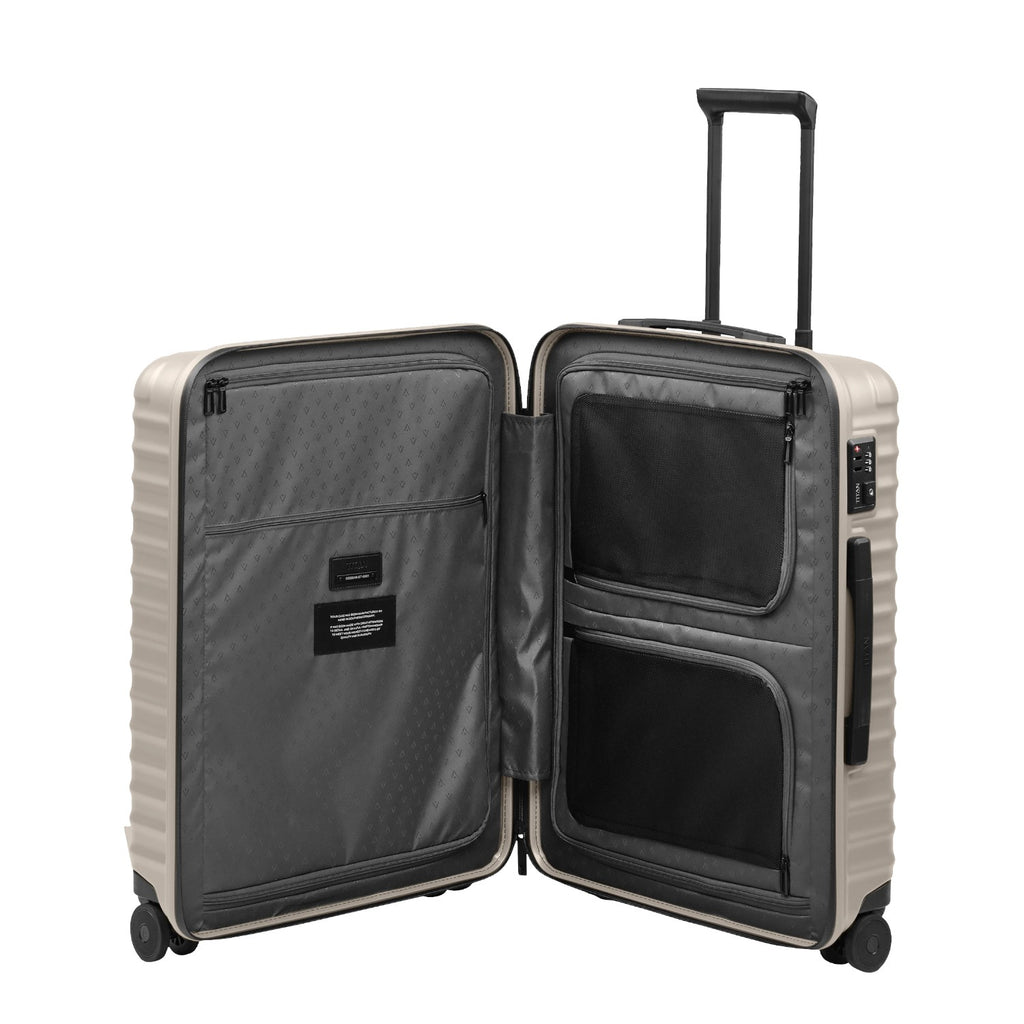 Lieblingstasche UPGRADE 4w Trolley M in beige with open interior featuring zippered compartments and lining