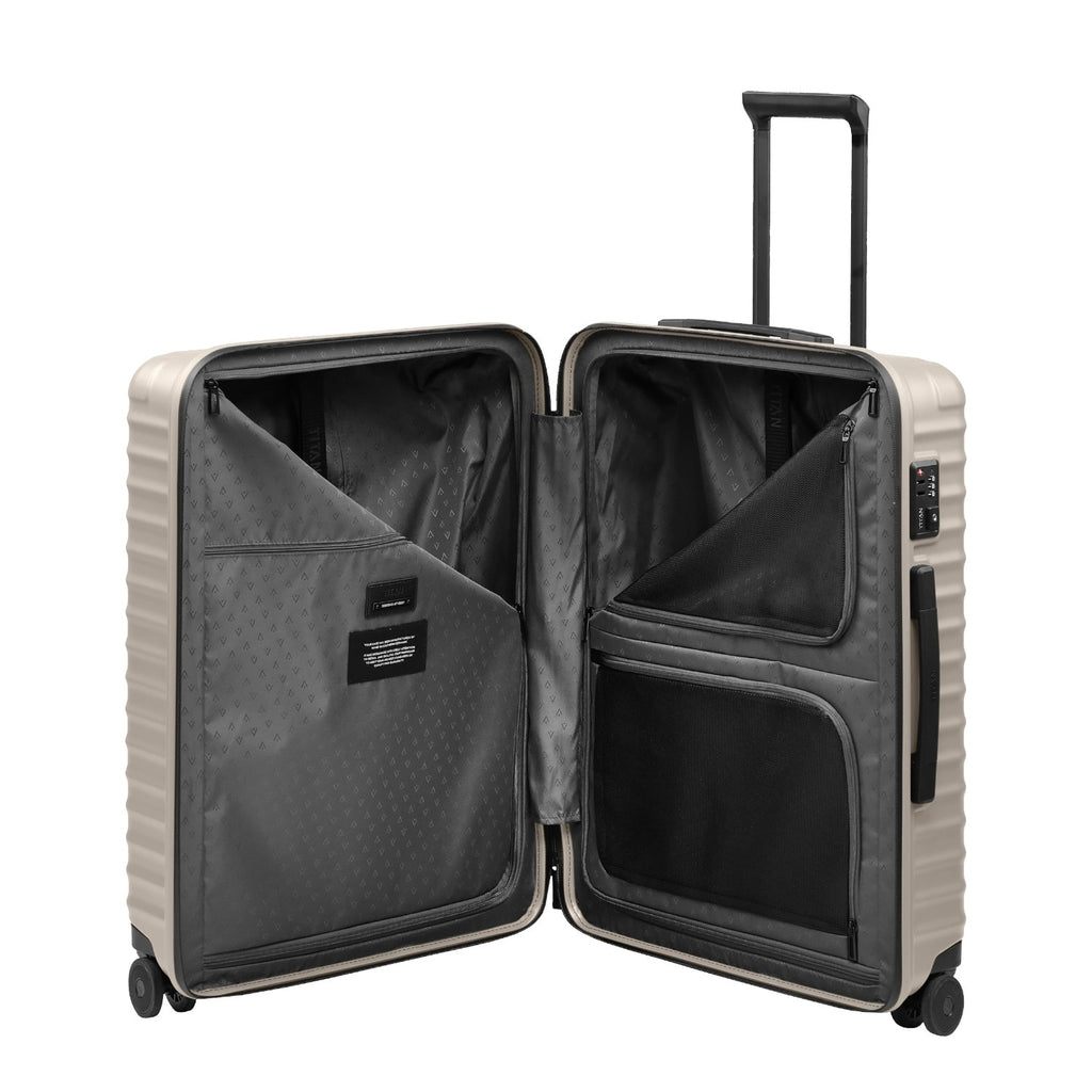 Lieblingstasche UPGRADE 4w Trolley M+ in beige, open view showing grey lined interior with mesh pockets and dividers.