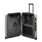 Lieblingstasche UPGRADE 4w Trolley M+ in beige, open view showing grey lined interior with mesh pockets and dividers.