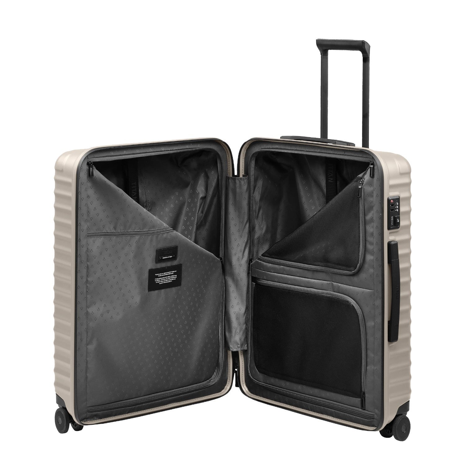 Lieblingstasche UPGRADE 4w Trolley M+ in beige, open view showing grey lined interior with mesh pockets and dividers.