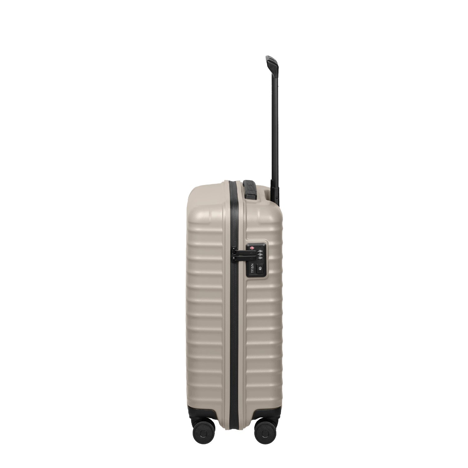 Lieblingstasche UPGRADE 4w Trolley S20 in beige with a hard shell, side handle, and TSA lock on a black background