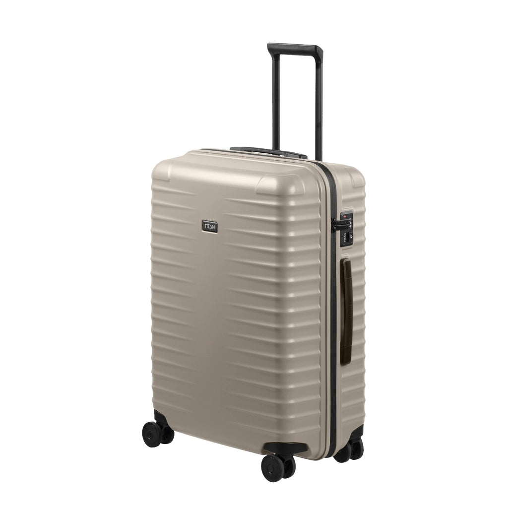 Lieblingstasche UPGRADE 4w Trolley M+ in champagne with a hard shell, four wheels, and a TSA lock.