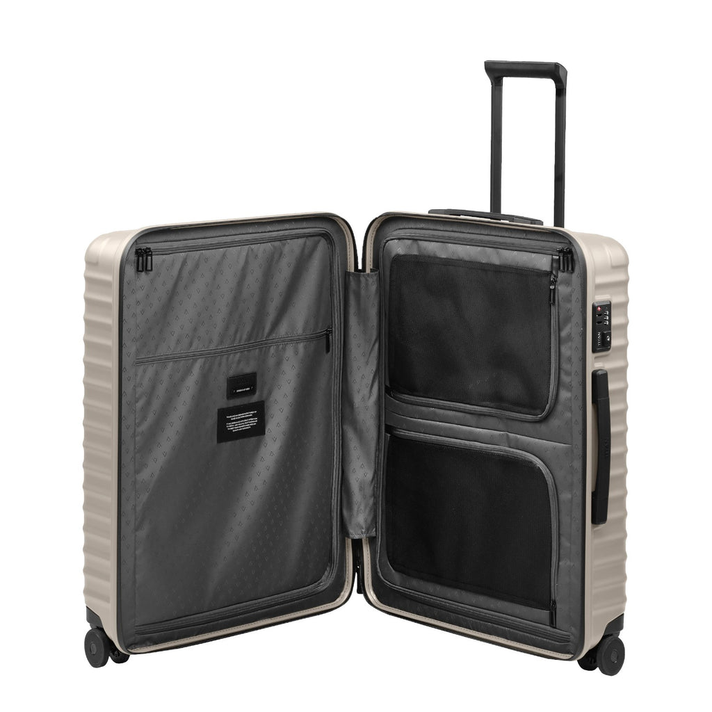Lieblingstasche UPGRADE 4w Trolley M+ open suitcase with grey interior lining, mesh pockets, and integrated lock