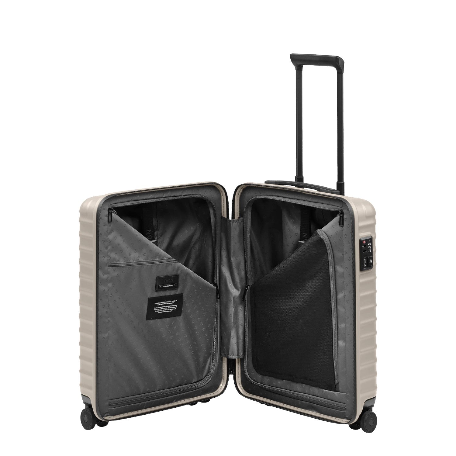 Lieblingstasche UPGRADE 4w Trolley S20 open suitcase with grey interior lining, mesh pockets, and telescopic handle