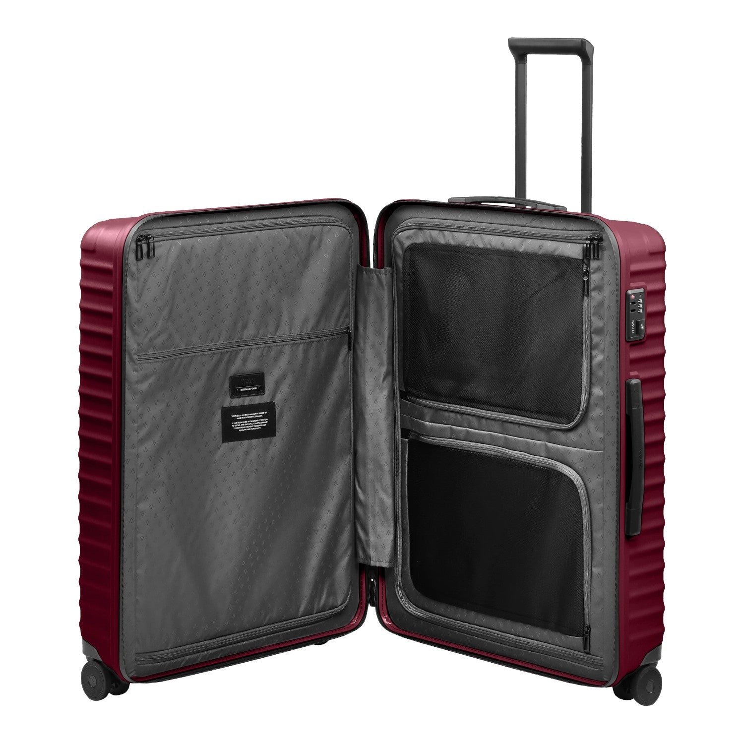Lieblingstasche UPGRADE 4w Trolley L in dark red, showing the open interior with zippered mesh compartments.