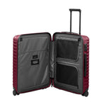 Lieblingstasche UPGRADE 4w Trolley M in dark red, shown open to reveal grey interior compartments and mesh pockets.