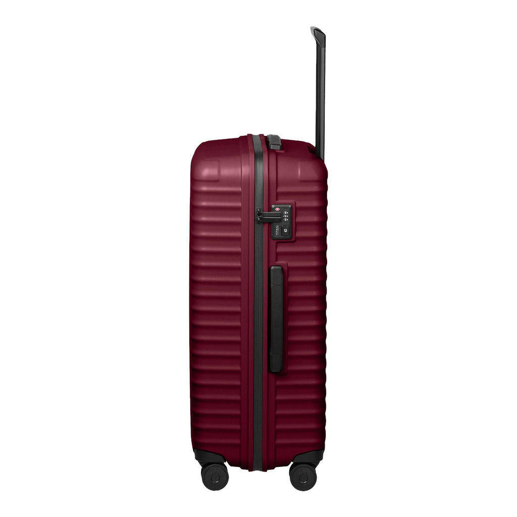 Lieblingstasche UPGRADE 4w Trolley L in dark red with a ribbed hard shell, side handle, and integrated TSA lock.