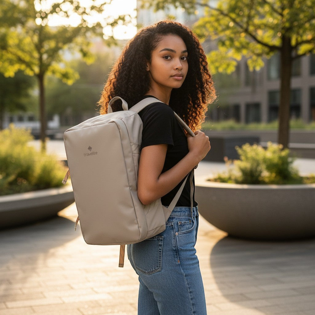 Lieblingstasche Venture Line Duffle M beige travel backpack with padded straps and side compression straps.
