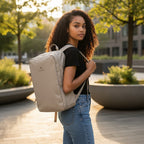 Lieblingstasche Venture Line Duffle M beige travel backpack with padded straps and side compression straps.