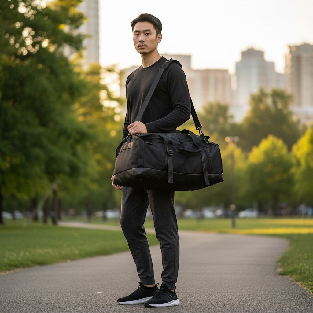 Lieblingstasche Venture Line Duffle M, a black nylon duffel bag with padded handles and adjustable shoulder strap.