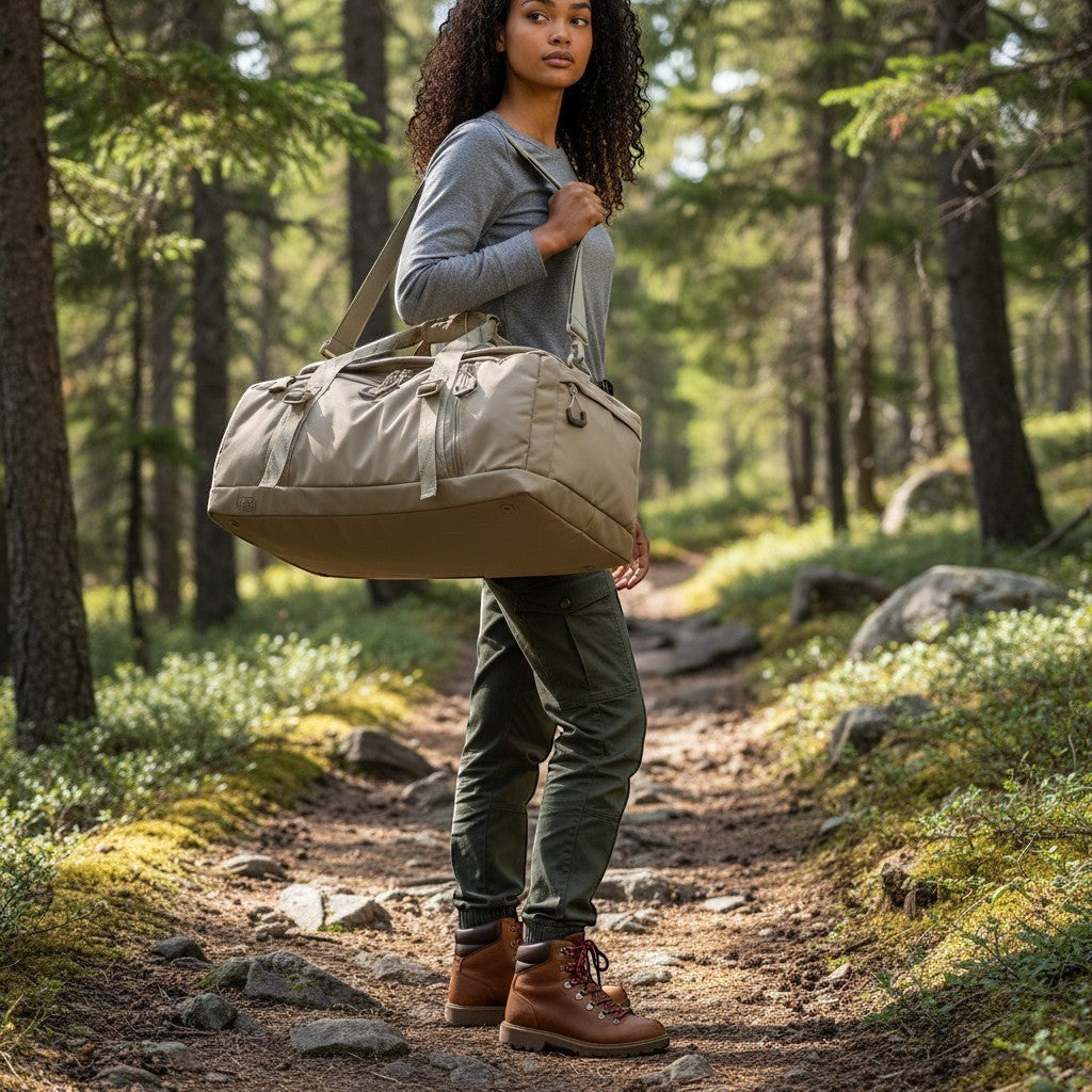 Lieblingstasche Venture Line Duffle M in tan, durable nylon with multiple zippered pockets and adjustable shoulder strap.