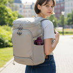 Lieblingstasche Venture Line XL exp. beige expandable backpack with water bottle pocket and padded straps.