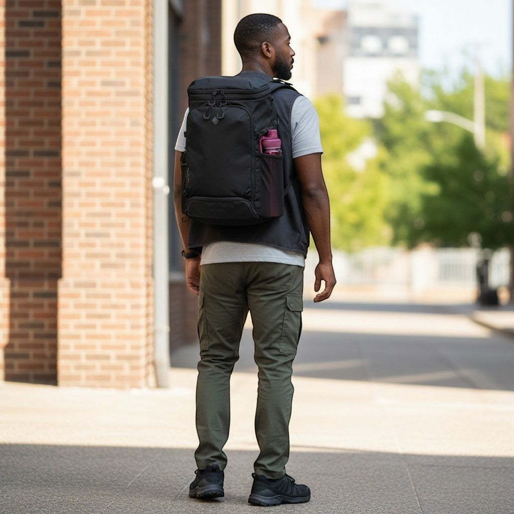 Lieblingstasche Venture Line XL exp. black expandable backpack with water bottle pocket and mesh side pocket.