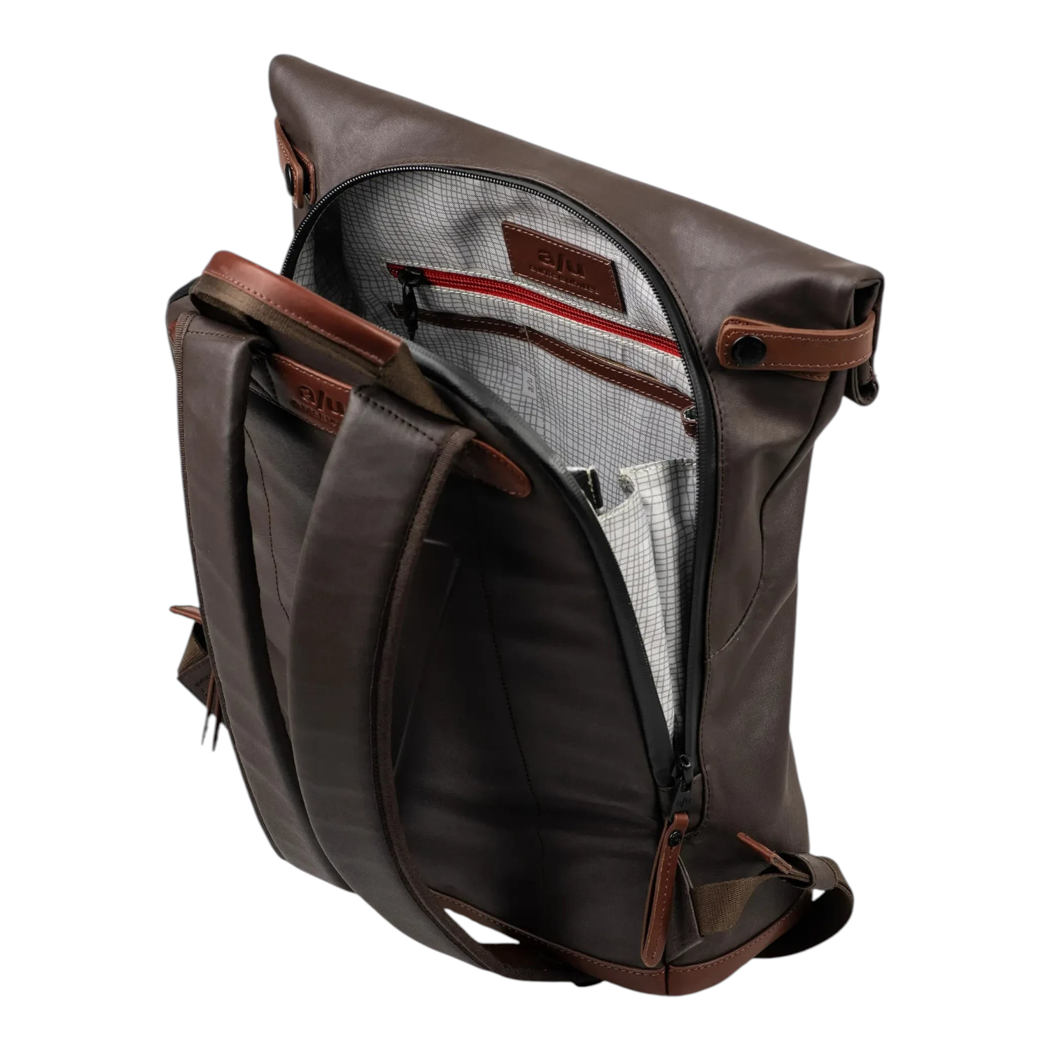 Lieblingstasche Wakayama brown leather rolltop backpack with interior grid lining and zippered compartments