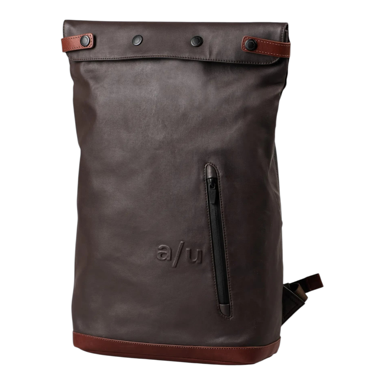 Lieblingstasche Wakayama dark brown leather rolltop backpack with a front zip pocket and snap button closure