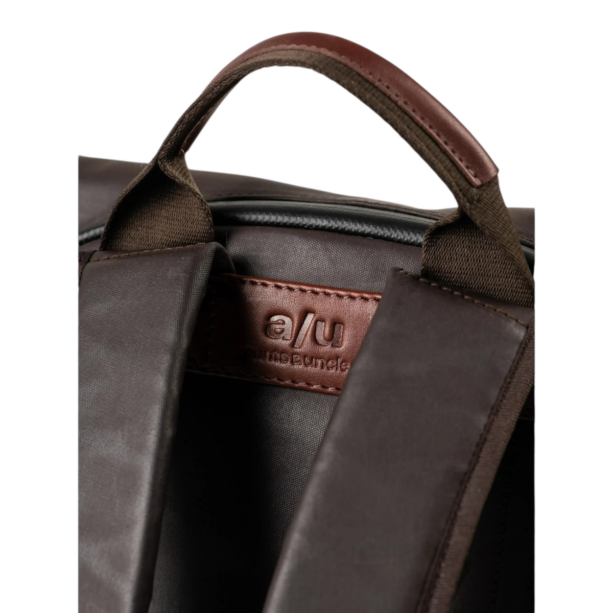 Lieblingstasche Wakayama backpack featuring brown nylon fabric, leather handle, and embossed a/u logo detail