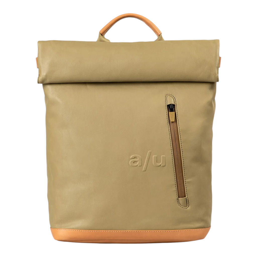 Lieblingstasche Wakayama rolltop backpack in olive green with tan leather accents and front zipper pocket
