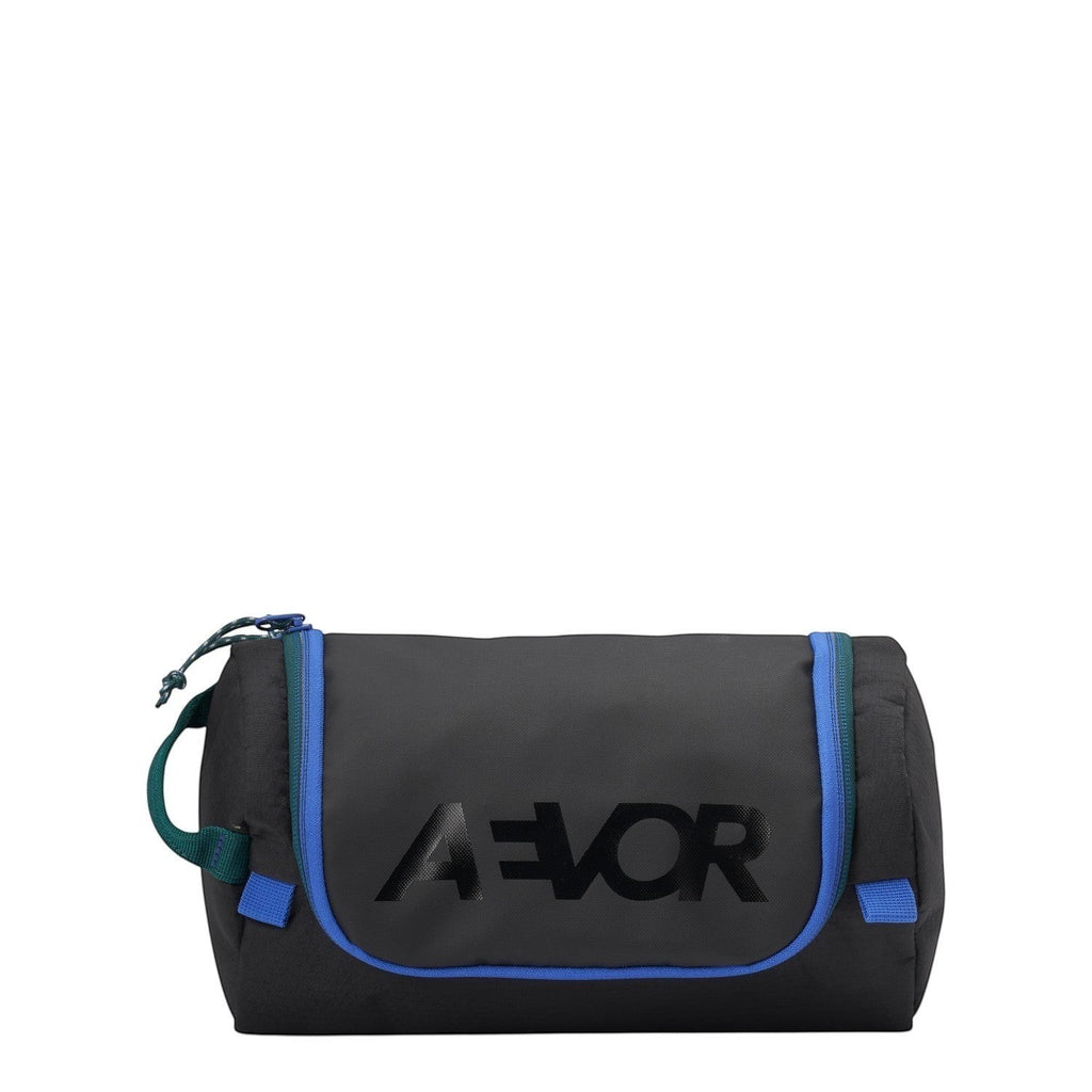 Lieblingstasche Wash Pack in black with blue and green accents, featuring a durable fabric and AEVOR logo print.