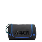 Lieblingstasche Wash Pack in black with blue and green accents, featuring a durable fabric and AEVOR logo print.