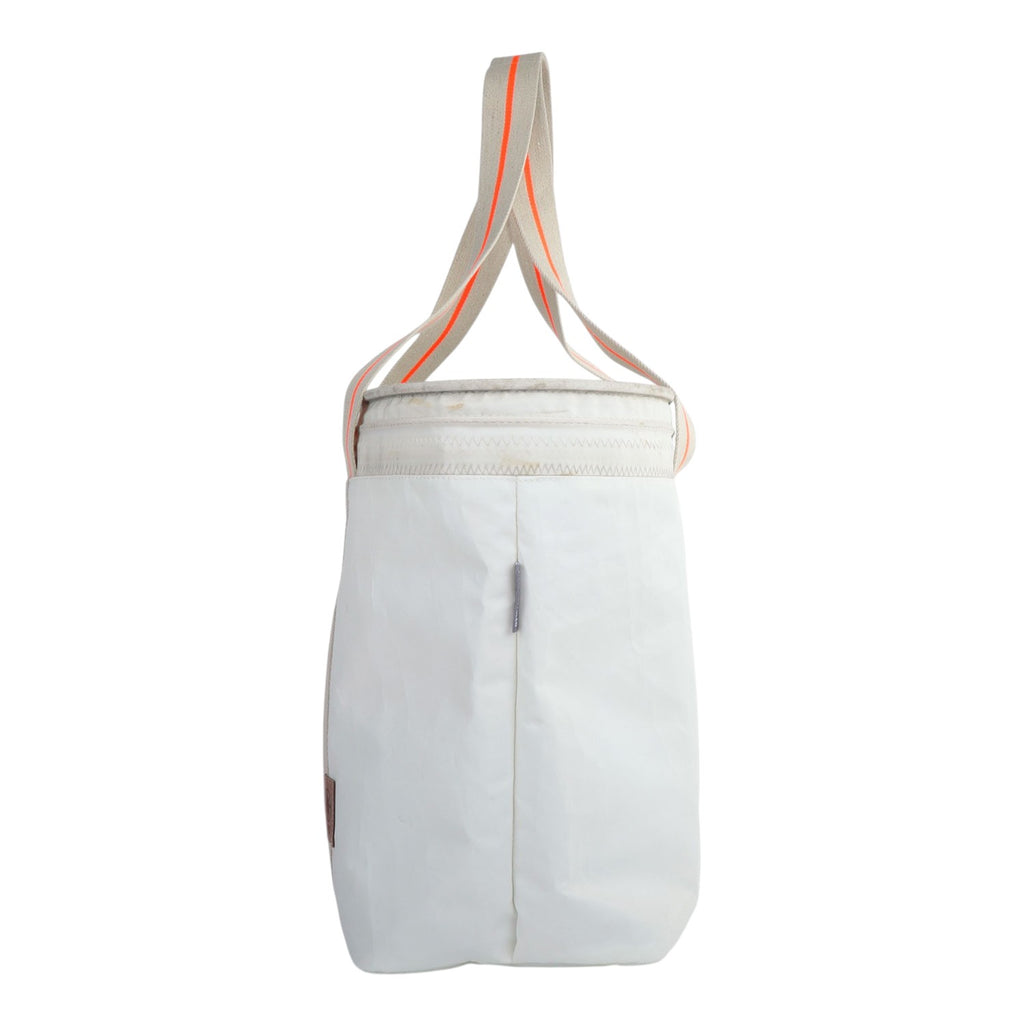 Lieblingstasche white tote bag with orange striped beige straps and a zippered top.