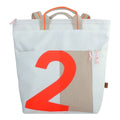 Lieblingstasche white tote bag with large neon orange number 2 graphic and beige fabric patch. Features tan straps and orange trim.
