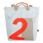 Lieblingstasche white tote bag with large neon orange number 2 graphic and beige fabric patch. Features tan straps and orange trim.