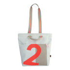 Lieblingstasche white tote bag with large neon orange number 2 graphic and beige side panel. Grey handles with orange trim.