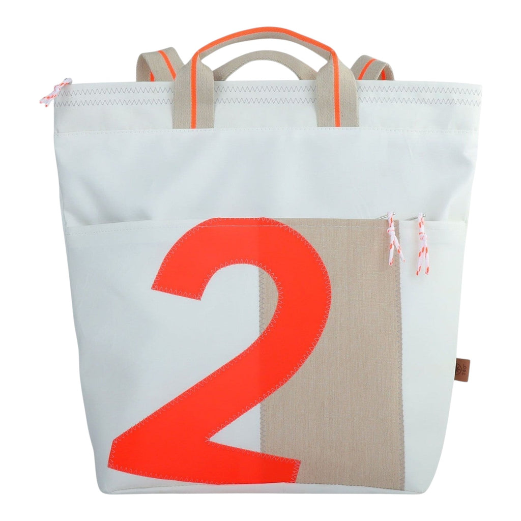 Lieblingstasche white tote bag with large neon orange number 2 graphic and beige fabric patch. Features tan straps and orange trim.