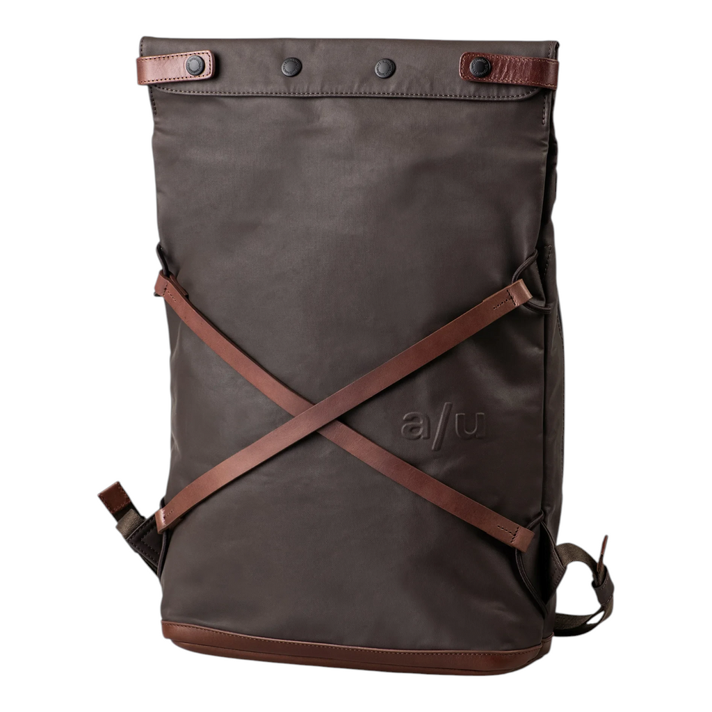 Lieblingstasche Yokohama dark brown roll-top backpack with leather cross-strap detailing and embossed logo