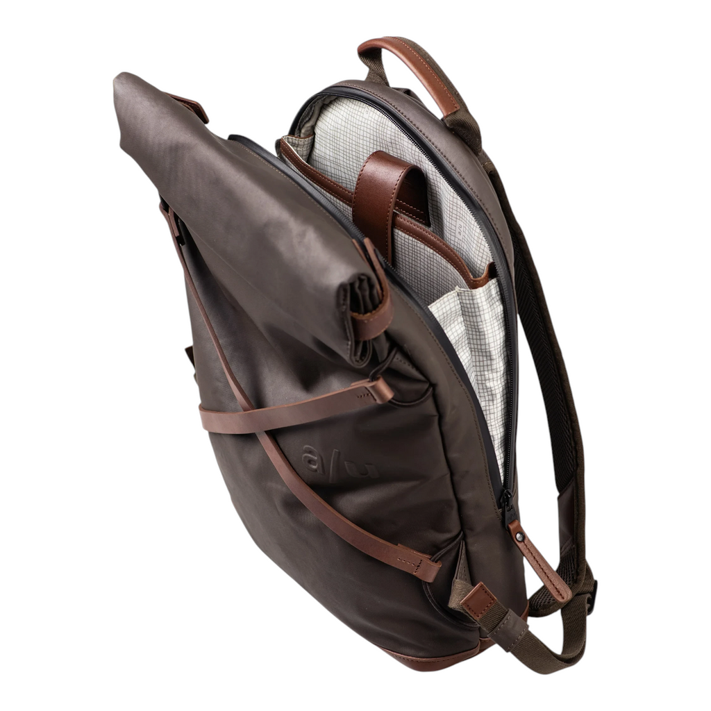 Lieblingstasche Yokohama rolltop backpack in dark brown with leather accents and a patterned interior lining