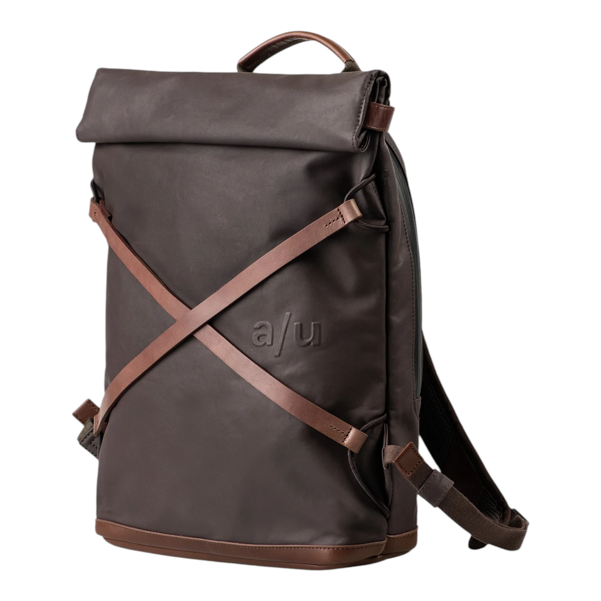 Lieblingstasche Yokohama dark brown rolltop backpack with cross-strap design and embossed logo