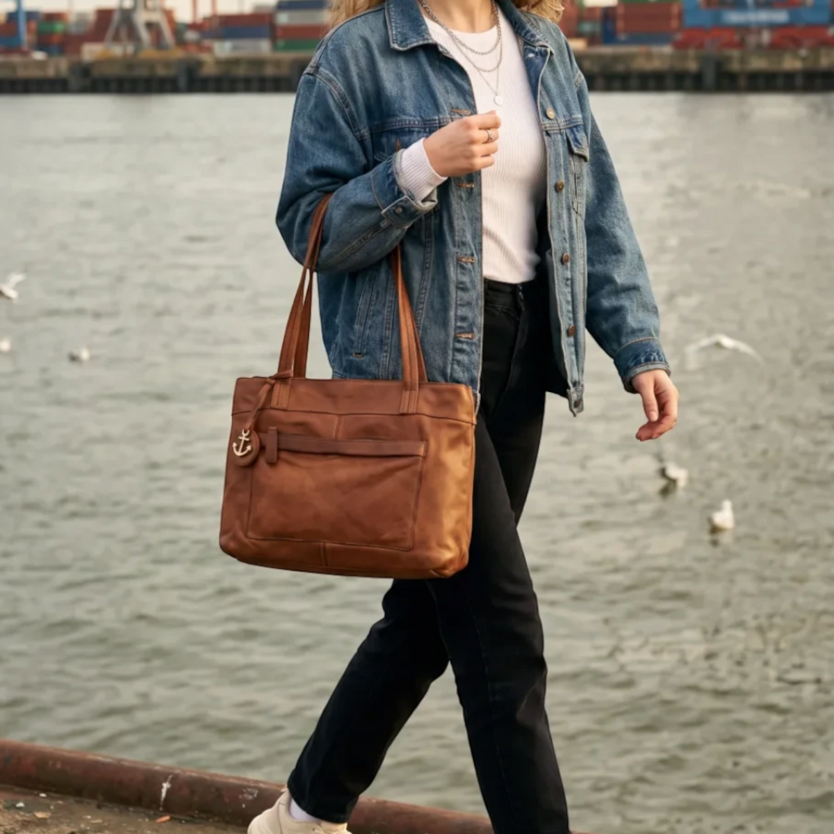 Lieblingstasche Zea-2 brown leather tote bag with anchor charm carried by a woman in a denim jacket at the harbor