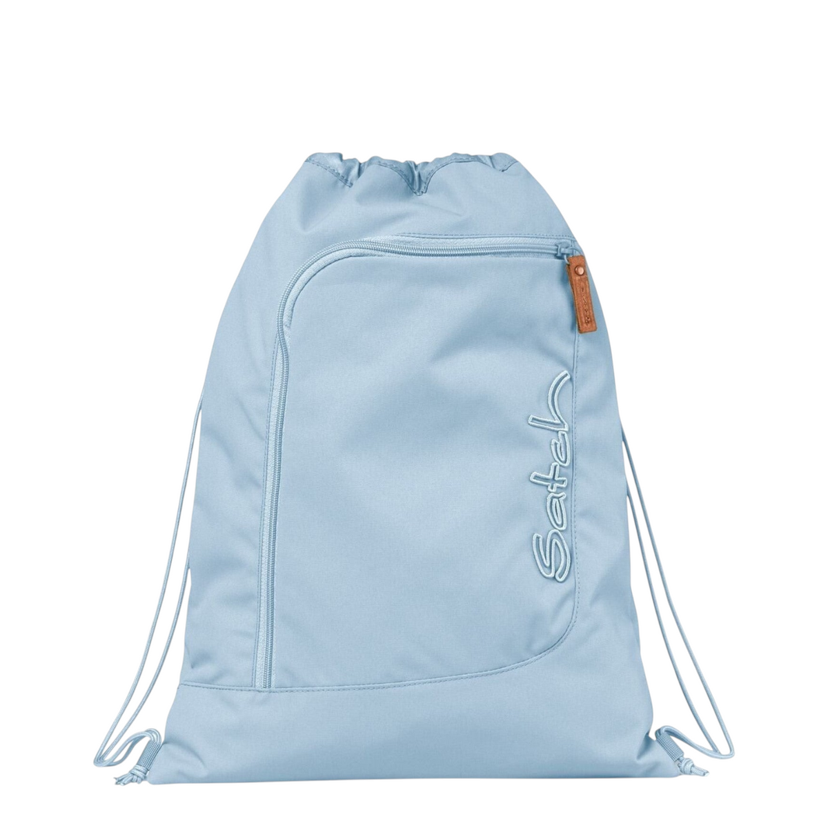 Lieblingstasche Satch light blue drawstring sports bag with front zipper pocket and Scandinavian style design