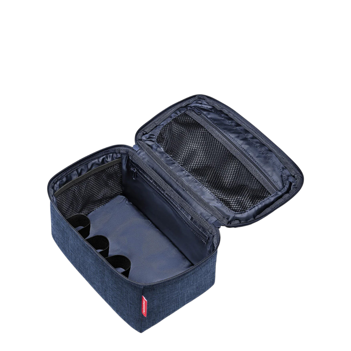 Lieblingstasche navy blue beauty case with open lid, interior mesh pockets, and elastic bottle holders