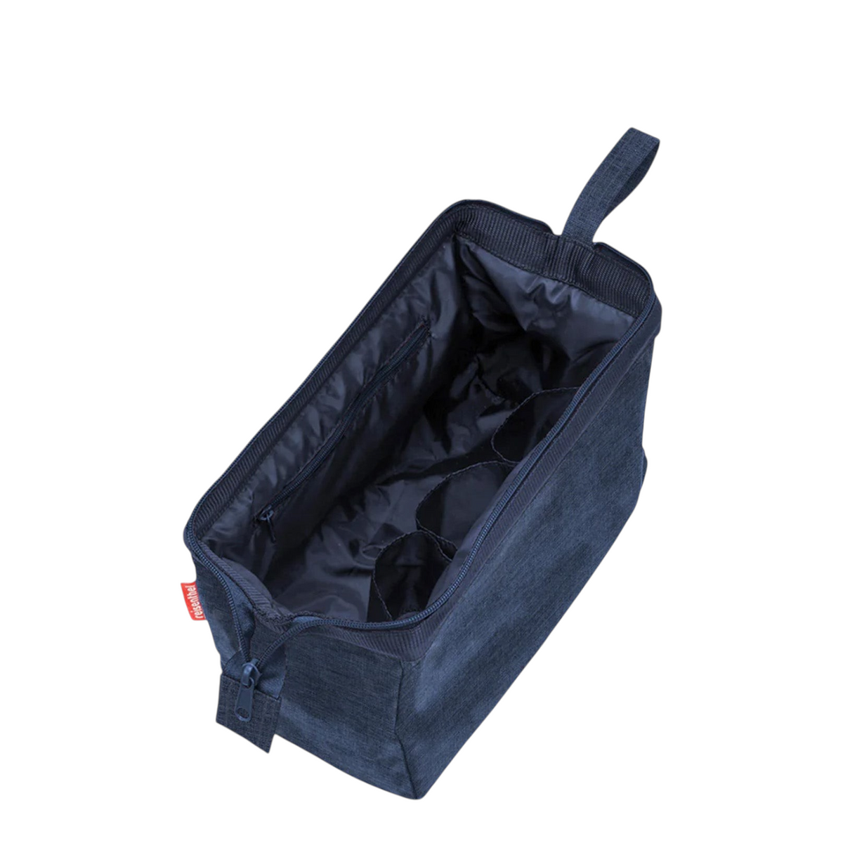 Lieblingstasche Travelcosmetic navy blue toiletry bag with an open top, internal pockets, and a sturdy carry handle.
