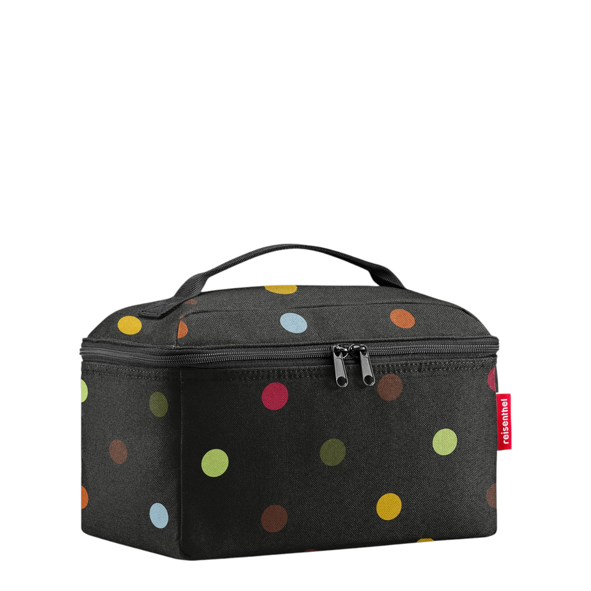 Lieblingstasche beautycase in black with colorful polka dots, featuring a top handle and secure zippered closure.