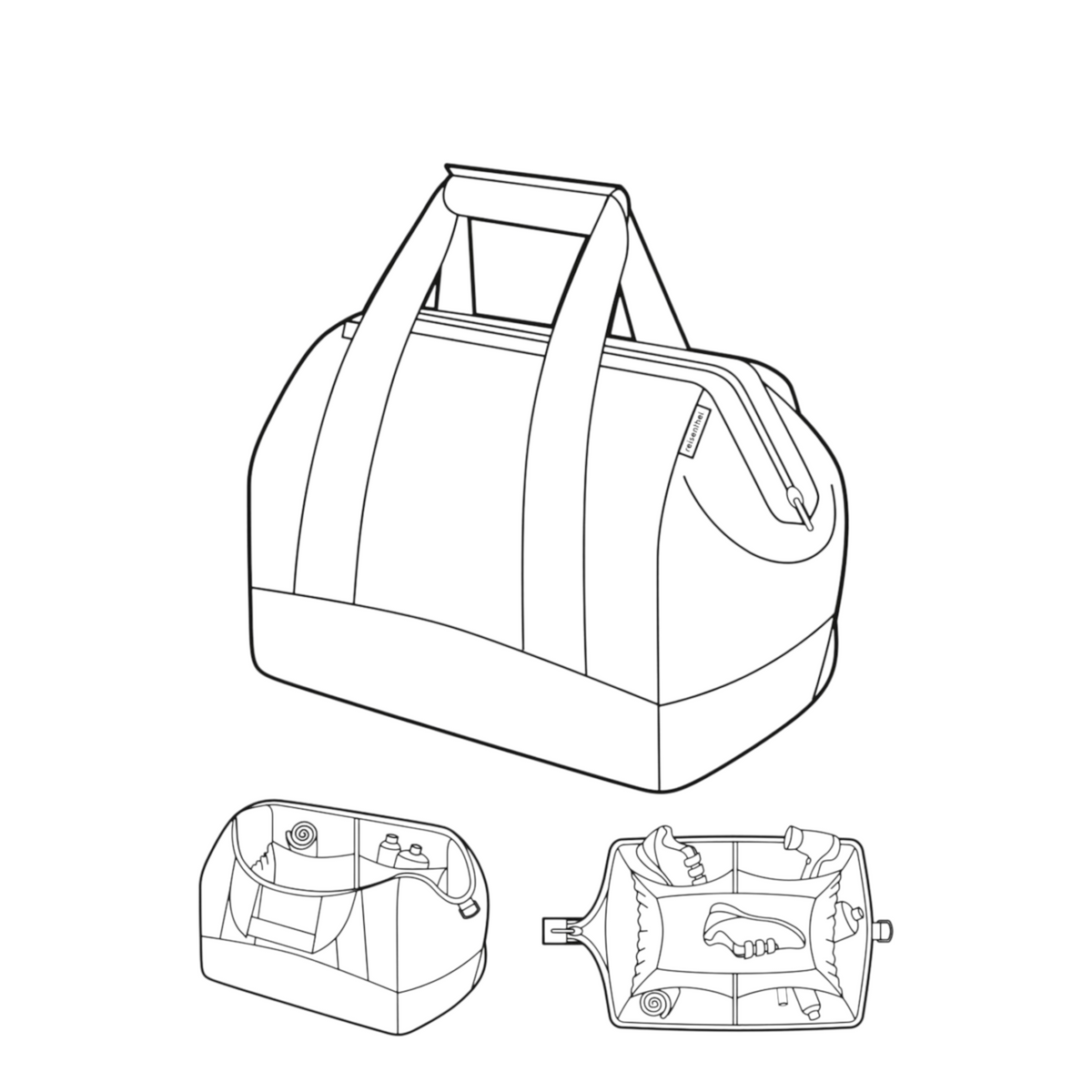 Lieblingstasche Allrounder L travel bag with internal compartments and metal frame closure in a line art illustration
