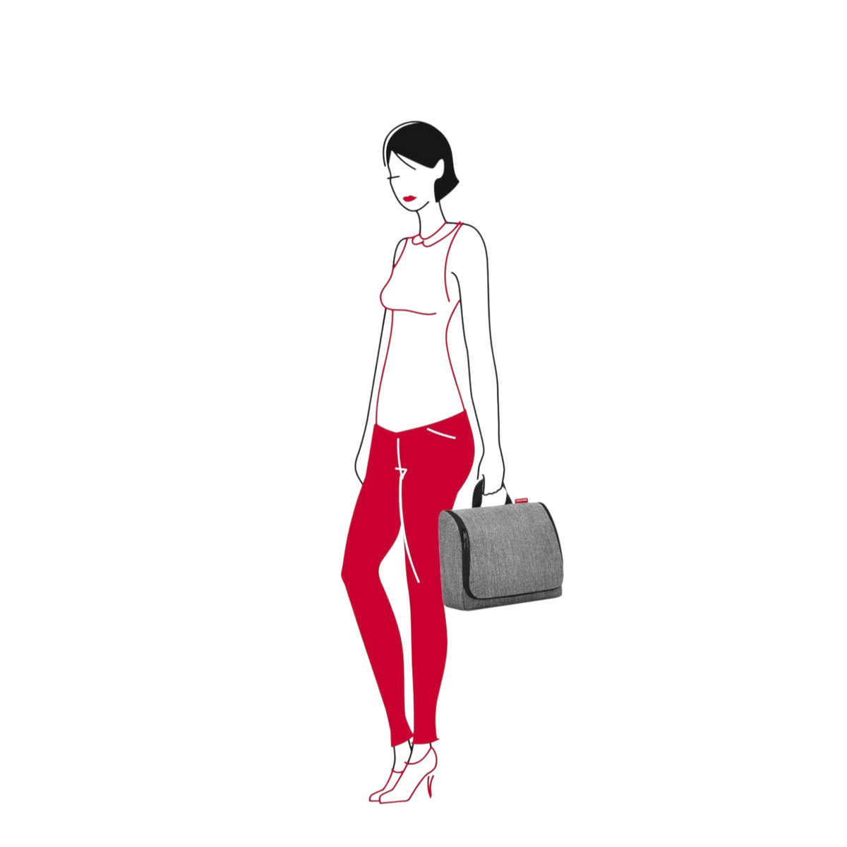 Lieblingstasche Toiletbag XL travel toiletry bag in grey polyester held by a stylized woman illustration