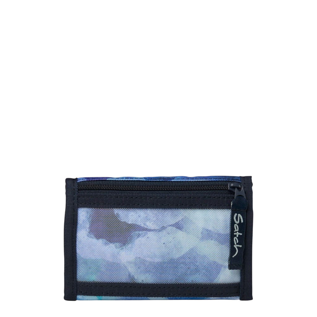 Lieblingstasche Satch wallet with blue floral pattern, featuring a transparent mesh coin pocket and zipper closure.