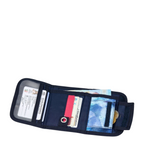 Lieblingstasche navy blue tri-fold wallet with transparent ID window, card slots, and coin pocket