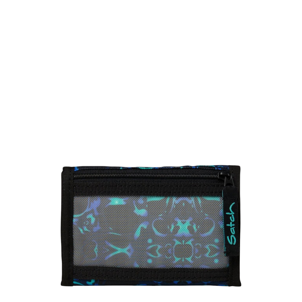 Lieblingstasche wallet with blue and green patterned fabric, black trim, and a transparent mesh front window.