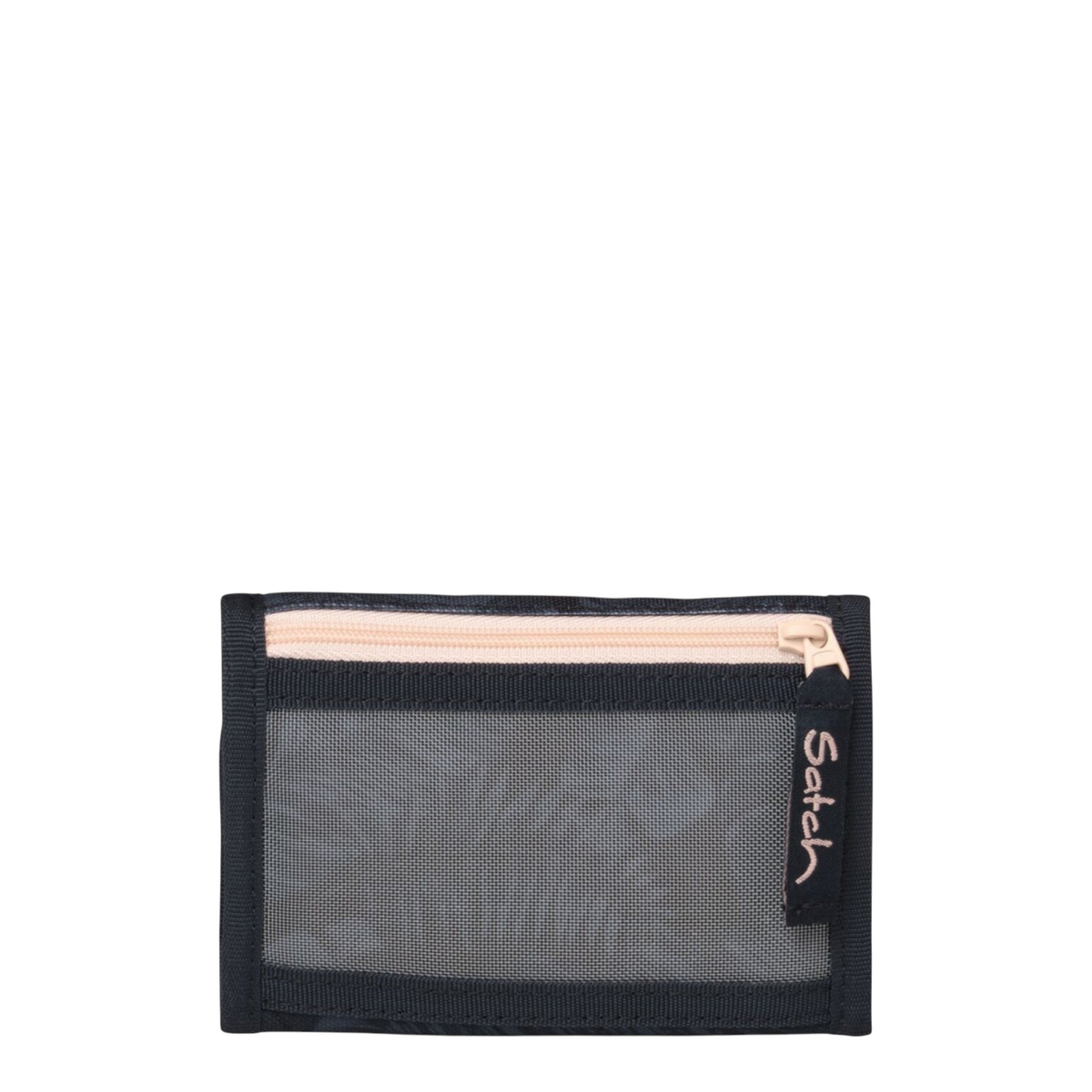 Lieblingstasche Satch wallet in black with a transparent mesh front pocket and a light pink zipper detail.