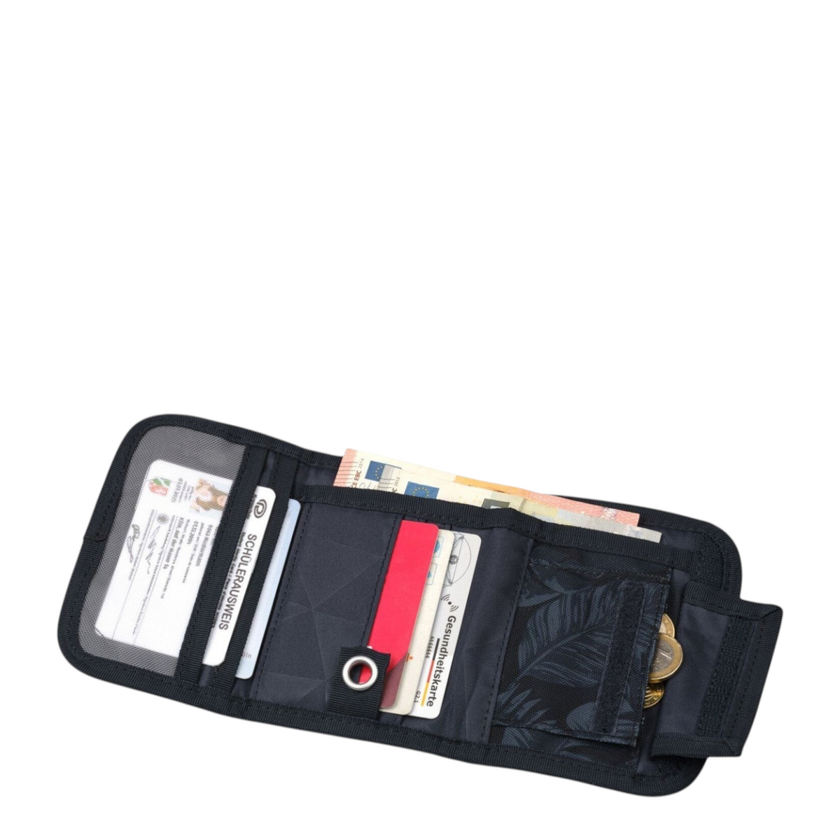 Lieblingstasche black tri-fold wallet with transparent ID window, coin pocket, and card slots on white background