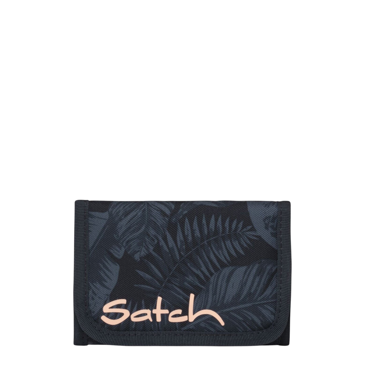 Lieblingstasche Satch wallet in black with a tropical leaf pattern and peach-colored logo branding