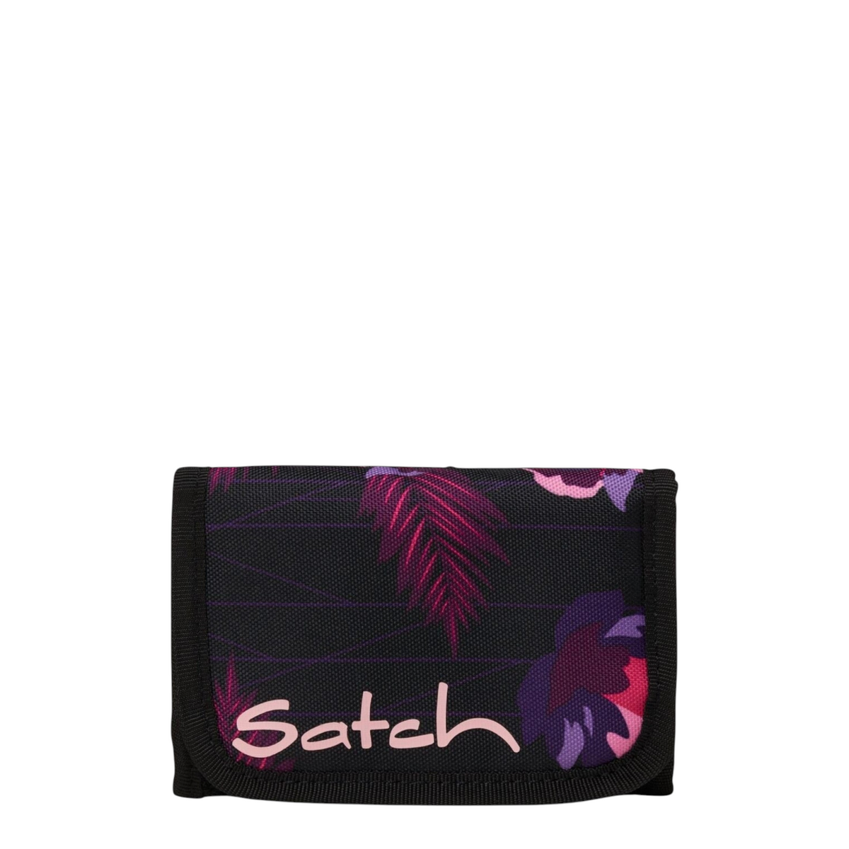 Lieblingstasche Satch wallet in black with vibrant purple and pink tropical leaf print and a velcro closure