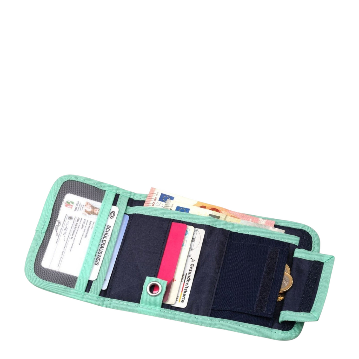 Lieblingstasche wallet in mint green and navy blue with card slots, coin pocket, and transparent ID window.